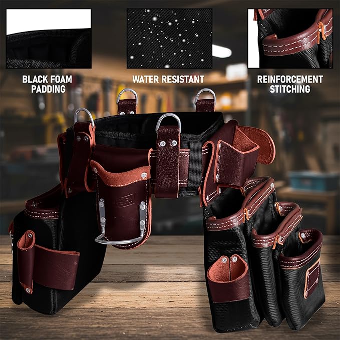 FUERI Tool Belt With Suspender Men Carpenter Pouches Construction Bags Electrician Belts Framer Worker Pouch Bag Holder Organizer 26 Pocket Nylon Leather Black Professional Set - Extra Large