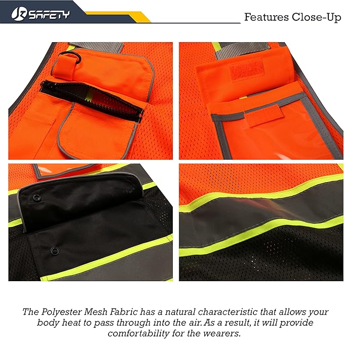 JKSafety 9 Pockets Class 2 High Visibility Dual Color Zipper Front MESH Lite Safety Vest | Yellow Color Triming Reflective Strip | ANSI/ISEA Standards (100-Orange-Black, XXL)