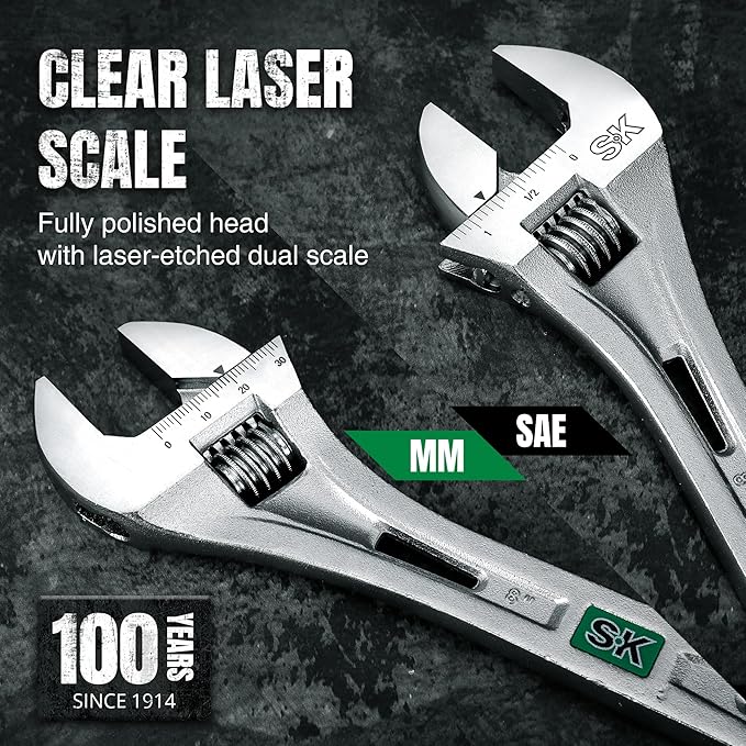 SK 8-Inch Adjustable Wrench, 1" Jaw Capacity, Cr-V Steel, SAE&Metric Scales
