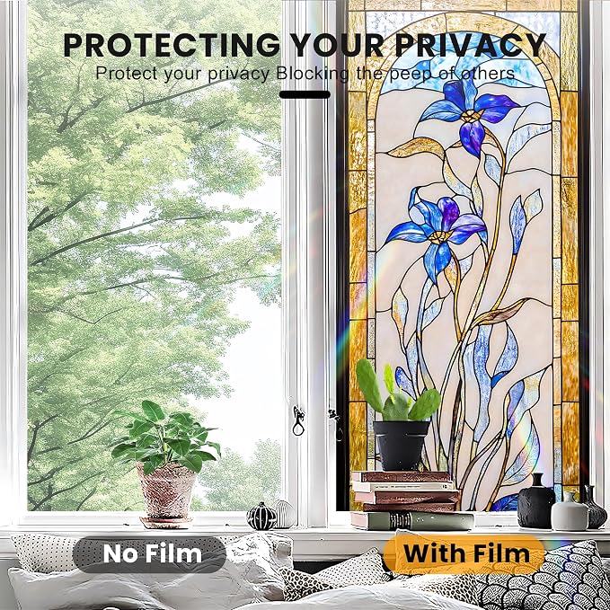 Stained Glass Window Privacy Film: Non-Adhesive Sun and Landscape Mosaic Design - Image 5