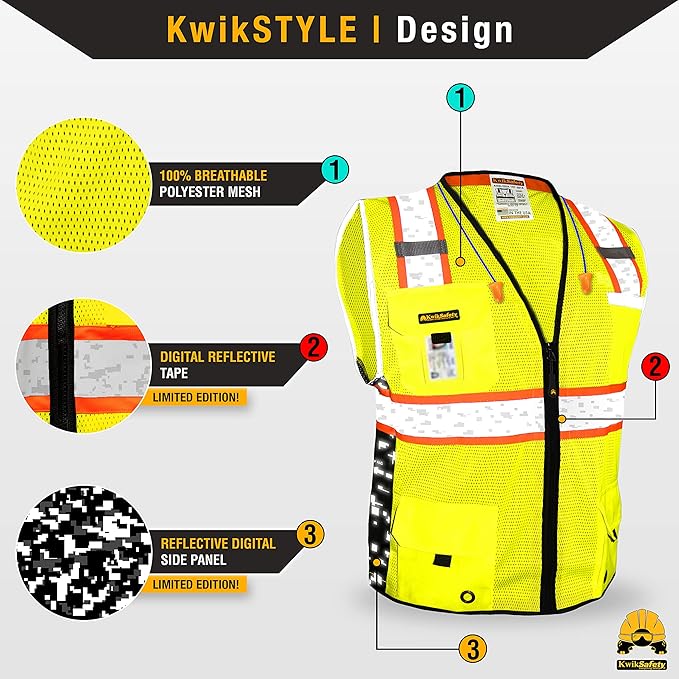KwikSafety - BIG KAHUNA DIGITAL Safety Vest [LIMITED EDITION] Class 2 ANSI OSHA Reflective Vest Durable High Visibility Vest Construction Safety Vest for Men Industrial Work Gear/Yellow Medium