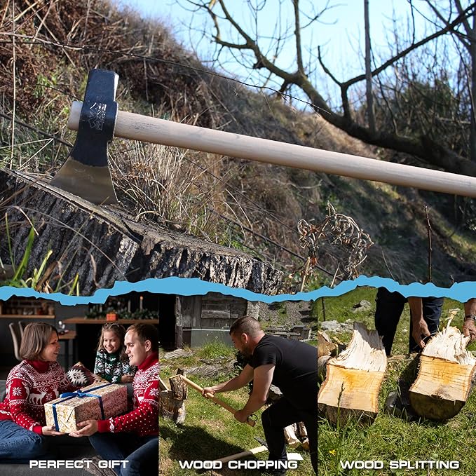 Prandi Axes Merlin C45 Forged Carbon Steel Splitting Maul - Hickory Handle with Leather String - Ideal for Firewood, Splitting, and Chopping - 35.43" L x 8.78" W, 3000g Head 3.014.30.TH - No Sheath