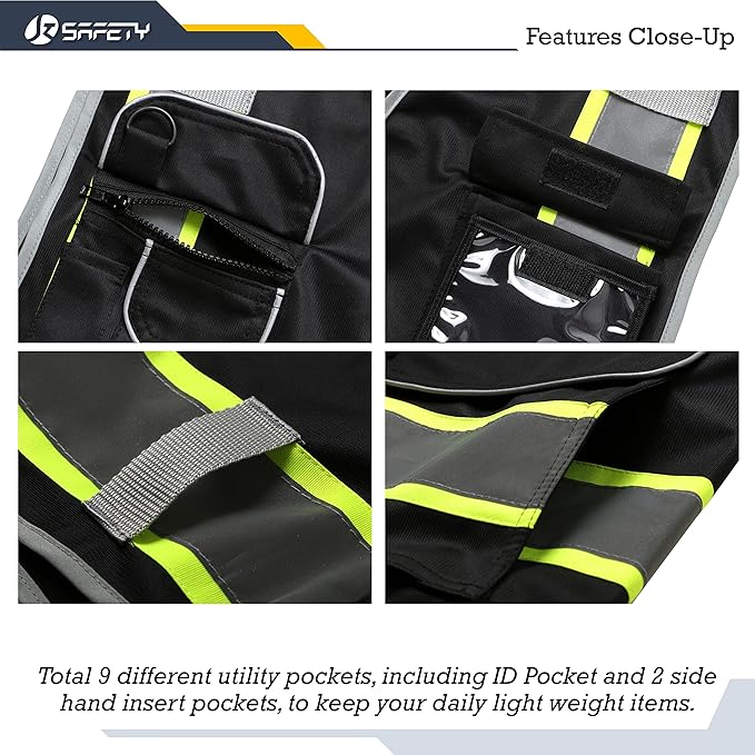 JKSafety 9 Pockets Hi-Vis Black Color Zipper Front Safety Vest Fluorescent Yellow Strips outlining the Reflective Tapes ANSI/ISEA Class 1 (901-Black, 5X-Large)