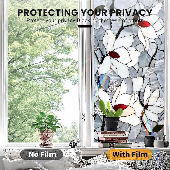 Stained Glass Window Privacy Film: Non-Adhesive Sun and Landscape Mosaic Design - Image 5