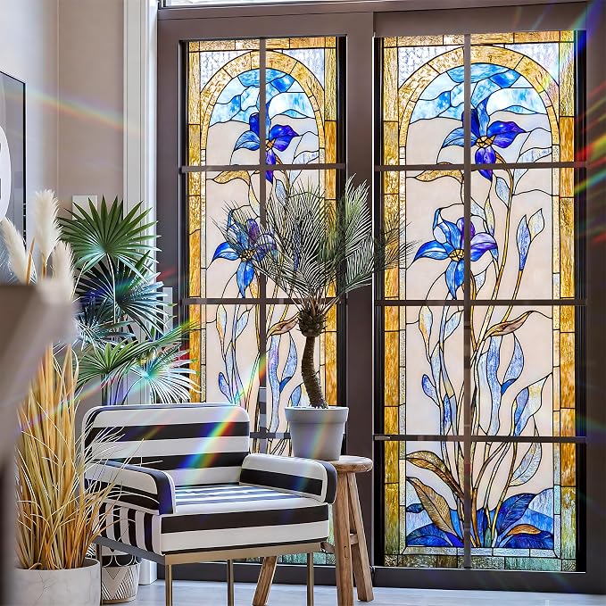 Stained Glass Window Privacy Film: Non-Adhesive Sun and Landscape Mosaic Design - Image 3