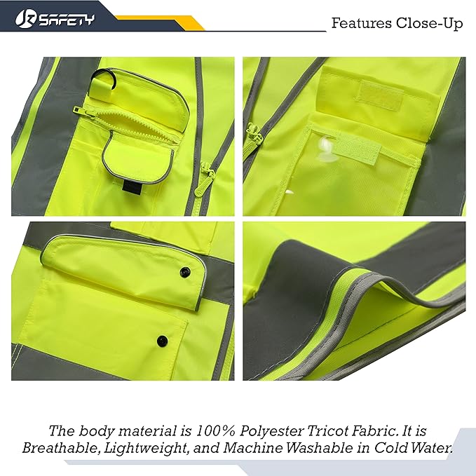 JKSafety 9 Pockets Class 2 High Visibility Zipper Front 6 Pack Safety Vest With Reflective Strips,Meets ANSI/ISEA Standard （155 Yellow L