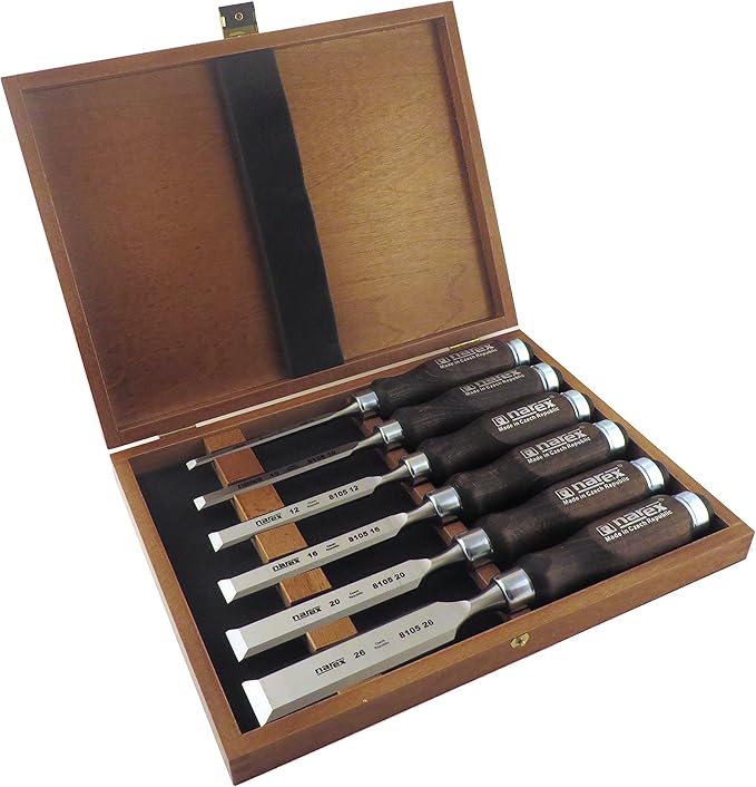 Narex 6 pc Set 6 mm (1/4), 10 (3/8), 12 (1/2), 16 (5/8), 20 (13/16), 26 (1-1/16) Woodworking Chisels in Wooden Presentation Box 853053