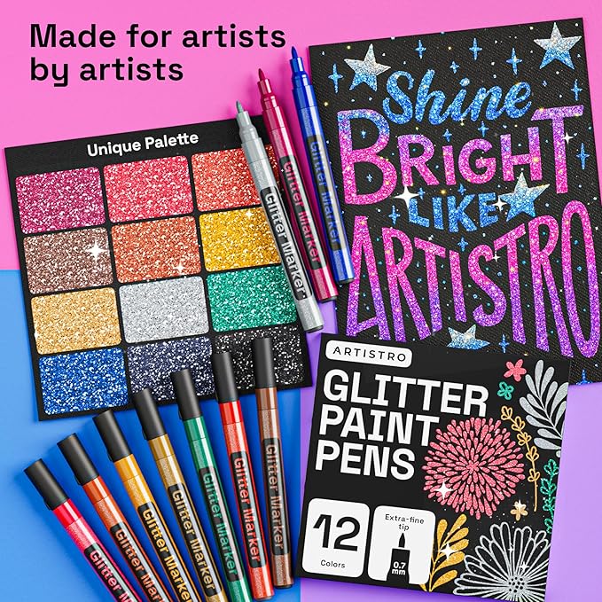 ARTISTRO 12 Glitter Paint Pens for Glass Marking, Rock Painting, Scrapbooking - Image 2