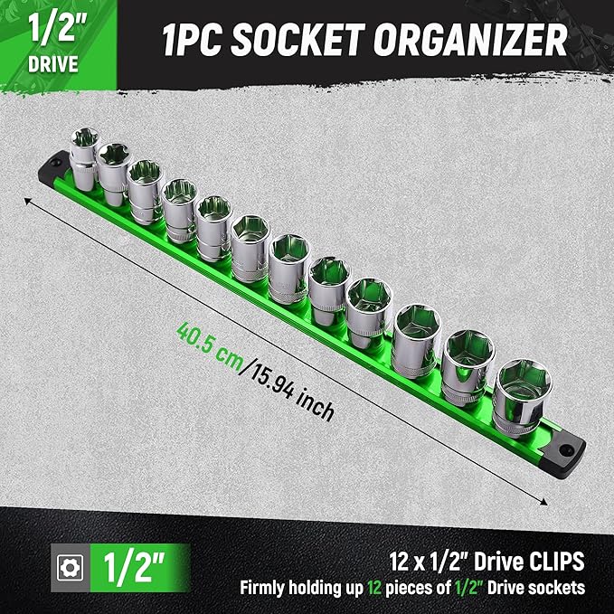 ALOANES Magnetic Socket Organizer, 1/2-Inch Drive Aluminum Socket Holder Socket Tray, Heavy Duty Socket Rail Organizer for Tool Box Drawer, 360°Swivel Clips Socket Rack 1/2-Inch x 12 Clips (Green)