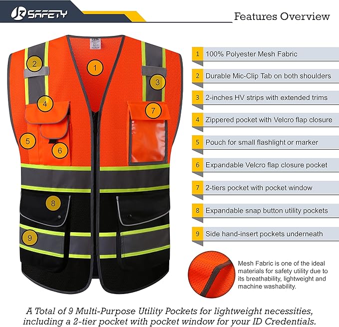 JKSafety 9 Pockets Class 2 High Visibility Dual Color Zipper Front MESH Lite Safety Vest | Yellow Color Triming Reflective Strip | ANSI/ISEA Standards (100-Orange-Black,3XL)