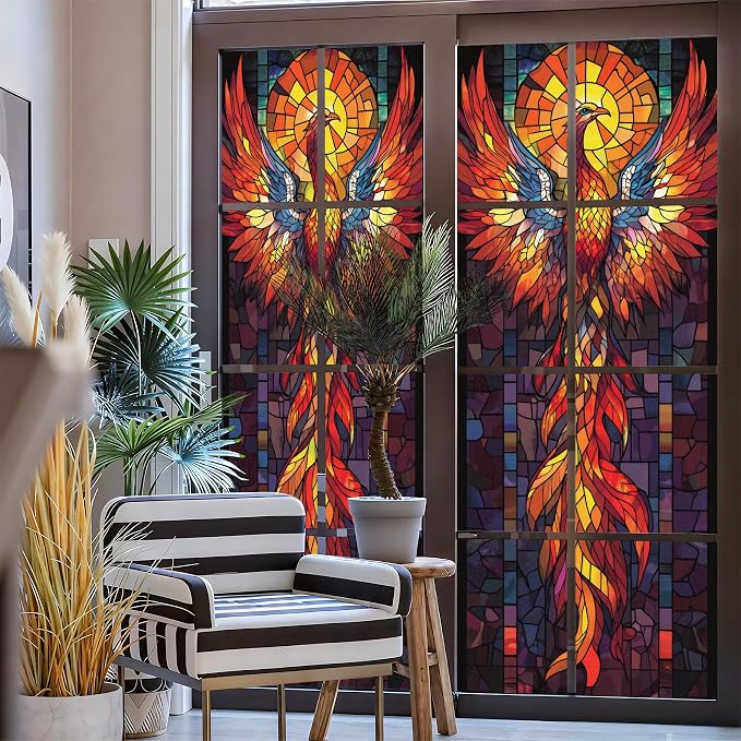 Stained Glass Window Privacy Film: Non-Adhesive Sun and Landscape Mosaic Design - Image 3
