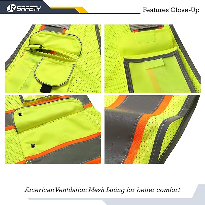 JKSafety 9 Pockets Hi-Vis Neon Yellow Zipper Front MESH Safety Vest with Fluorescent Orange Extend Edge outlining the Reflective Tapes Meet ANSI/ISEA Class 2 Standard (100 Yellow, M)