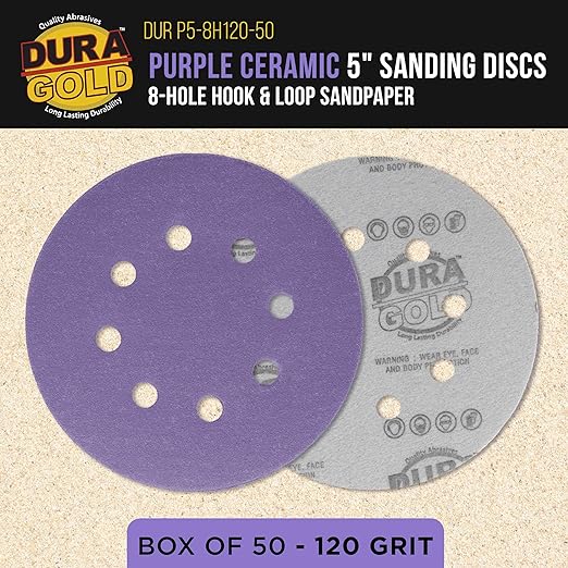 Dura-Gold Premium 120 Grit 5" Purple Film Ceramic Sanding Discs, 8-Hole Pattern, Box of 50 - Dustless Hook & Loop Backing Sandpaper for DA & Random Orbital Sanders - Sand Auto Paint, Wood, Woodworking