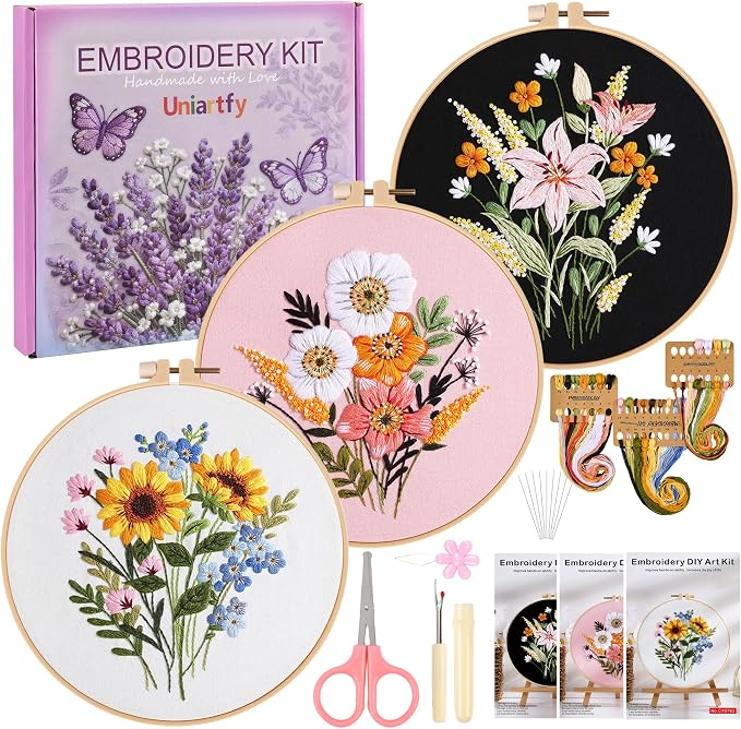 Uniartfy 3 Sets Embroidery Kit for Adults, Flower Pattern Embroidery Practice by Uniartfy