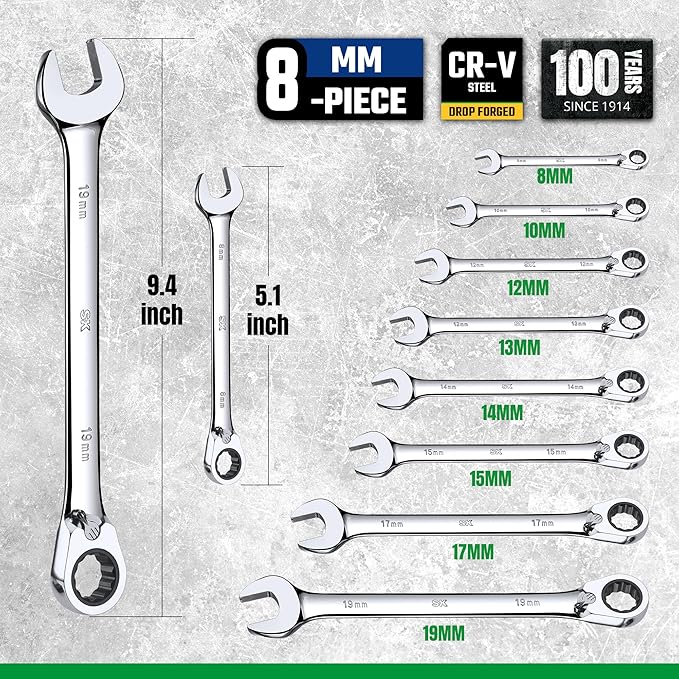 SK Reversible Ratcheting Wrench Set, Combination Wrench Set, 8-Piece, Metric, 72-Tooth, Premium CR-V Construction, with Rack Organizer