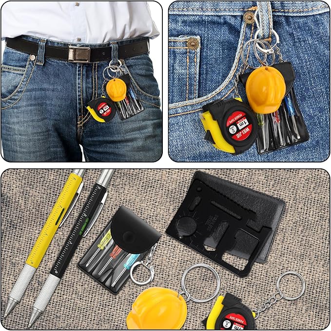 72 Pcs Mini Tape Screwdriver Keychain Set Christmas Men Gifts Bulk Adult Party Favors Multitool Pen Card Tool Measuring Keychains Stocking Christmas Stuffers for Men Dad (Yellow,Black)