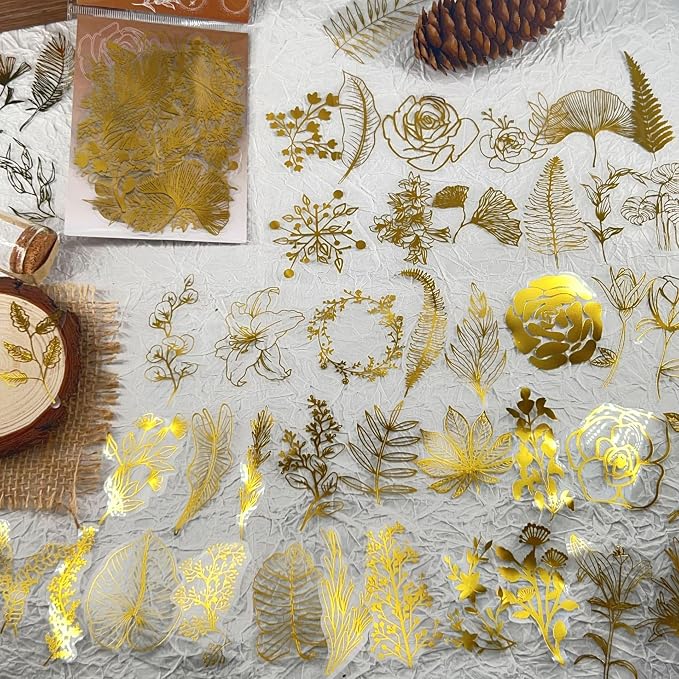 50PCS Boughs and Flowers Stickers Aesthetic PET Stickers Gold Stamp Decal - Image 3