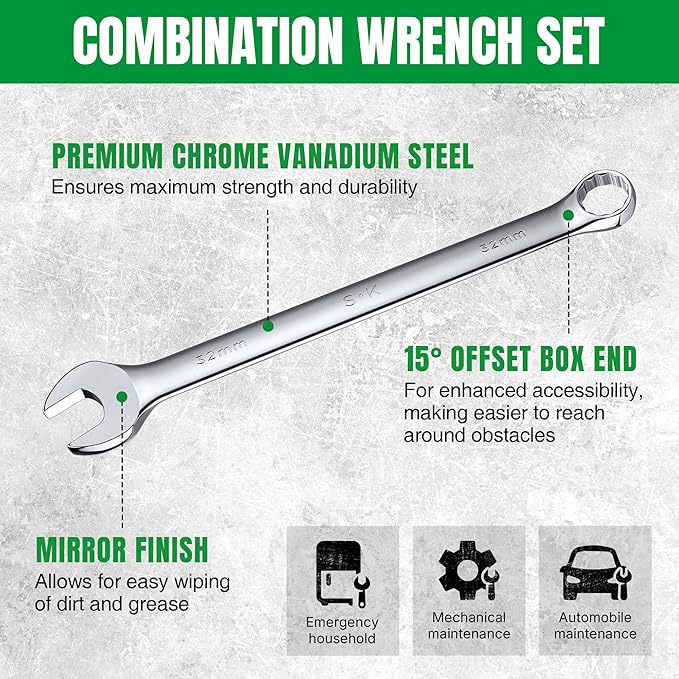 SK Combination Wrench Set, Metric 6 to 32mm, 22-Piece, SuperKrome Finish, Premium CR-V Construction, with Rolling Pouch