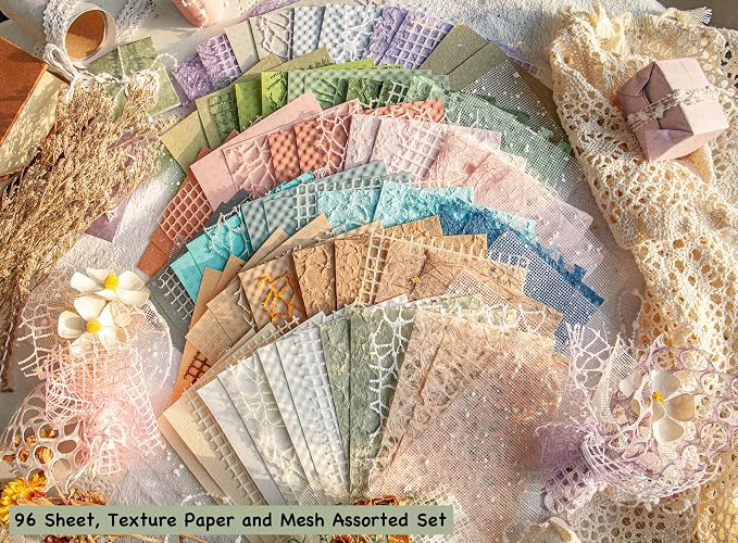 96 Sheets Textured Scrapbook Paper and Mesh Fabric Assorted Set - Image 2