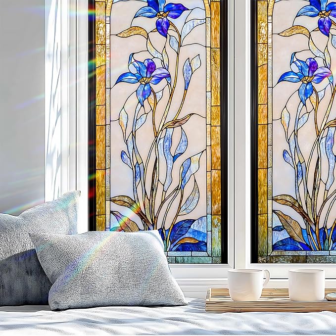 Stained Glass Window Privacy Film: Non-Adhesive Sun and Landscape Mosaic Design - Image 4