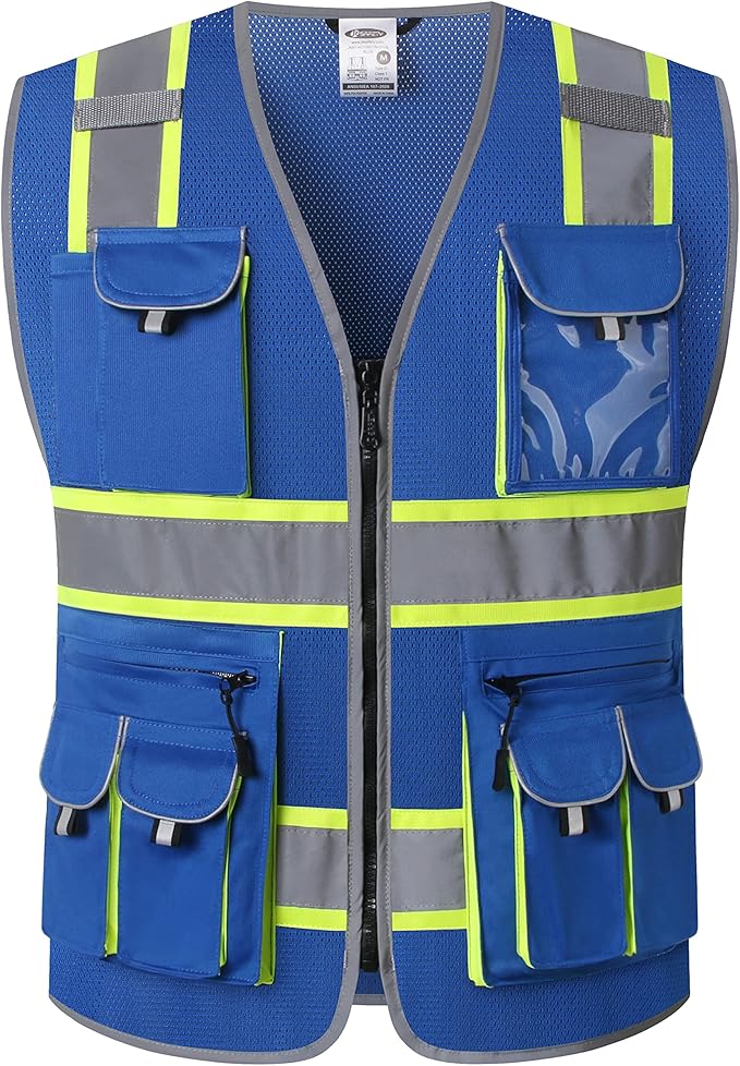 JKSafety 10 Pockets Hi-Vis Neon Color Frontal Zipper Mesh Safety Vest for Men Women Safety Utility for works Comply to ANSI/ISEA Standards (86-Blue 3XL)