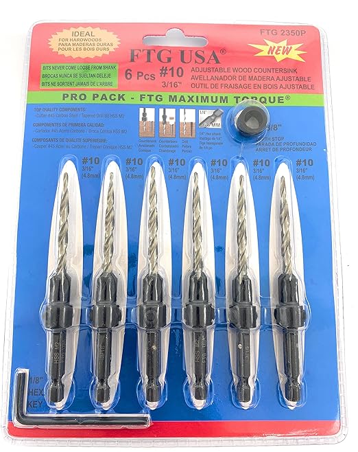 FTG USA 6 Pc #10 (3/16") Countersink Drill Bit Set with Depth Stop Collar, Hex Wrench - Tapered Drill Bits for Wood
