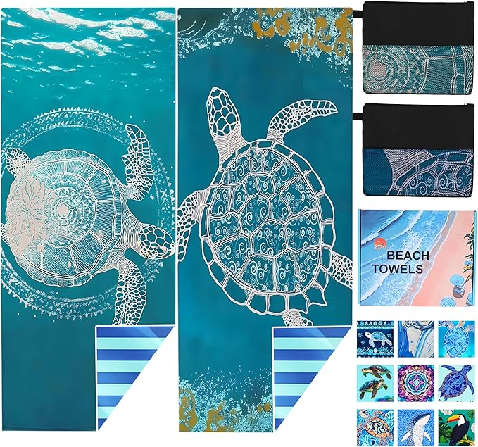 2 Pack Microfiber Beach Towel Oversized 71"x32" Sand Free Quick Dry Absorbent Lightweight Thin , Compact Towels for Travel Swimming Pool Yoga Gym Camping Beach Accessories Vacation Essentials Gift