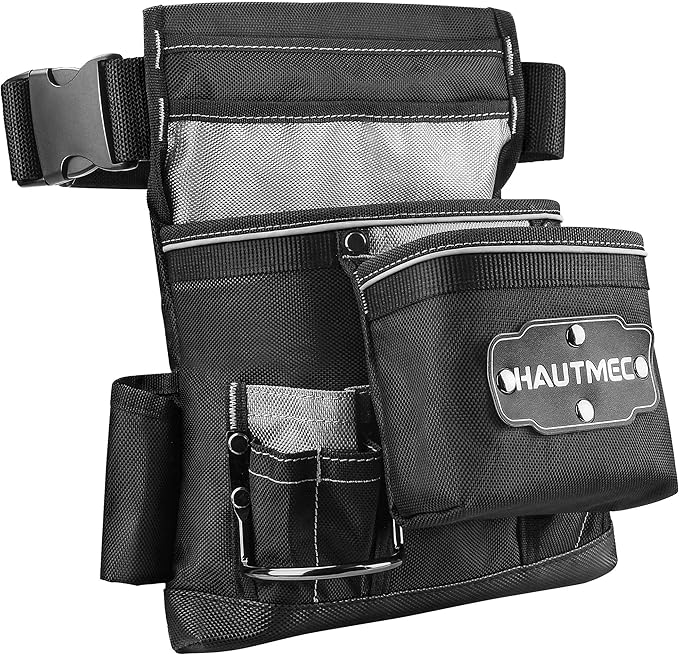 HAUTMEC Heavy Duty Framing Tool Belt Electrician Tools Pouch Organizer Work Belts For Men, 12-Pocket 1680D Tool Bag with Waist Strap Hammer Holder and 360°Reflective Strips, Black