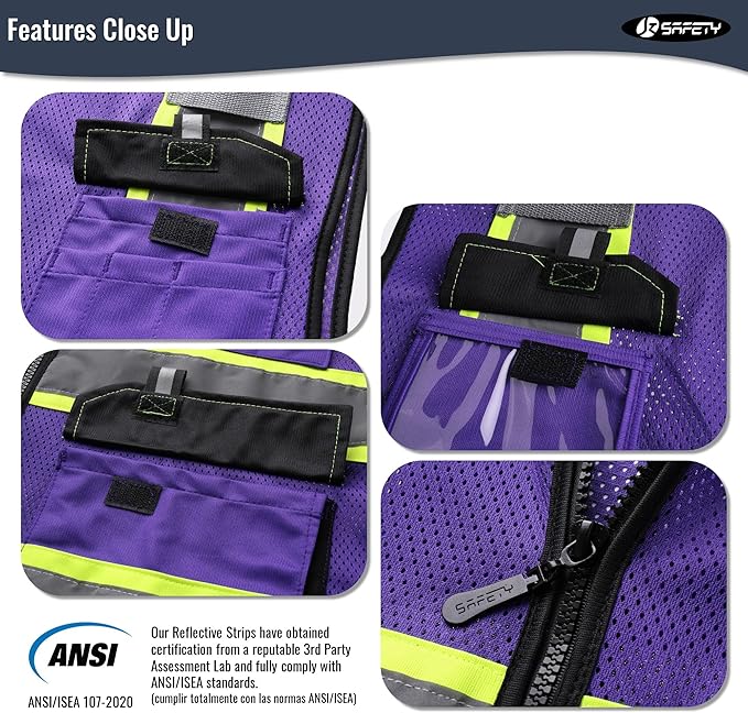 JKSafety Hi Vis Reflective Safety Vests for Men Women High Visibility Vest with Pockets Mesh Fabric Construction Safety Apparel Neon Vest for Work (220-PurpleB M)