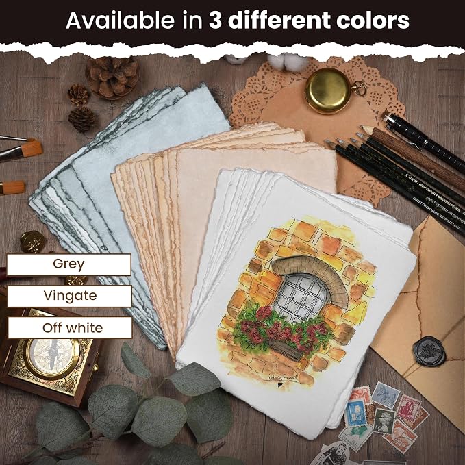 LEATHER VILLAGE Grey Deckled Edge Handmade Watercolor Paper 4x6 | 50 Sheets of - Image 9