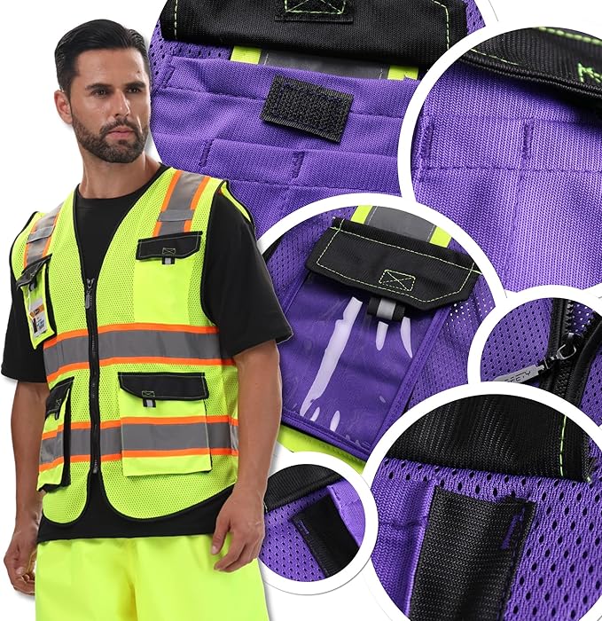 JKSafety Hi Vis Reflective Safety Vests for Men Women High Visibility Vest with Pockets Mesh Fabric Construction Safety Apparel Neon Vest for Work (220-PurpleB XL)
