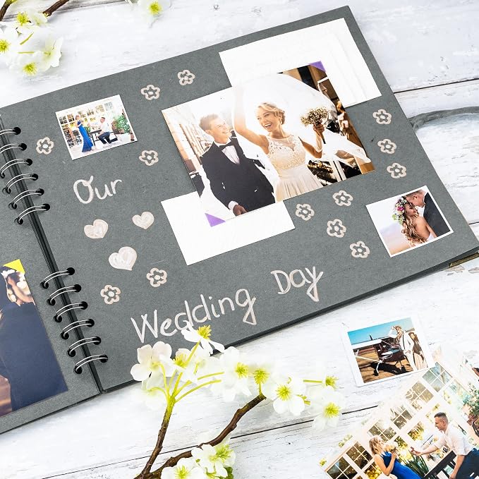 Bstorify Square Scrapbook Photo Albums 50 Pages Grey Thick Paper, Ribbon Closure - Image 7