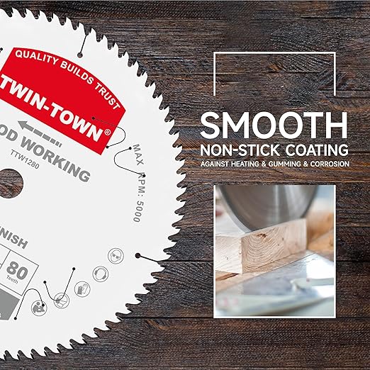 TWIN-TOWN 12-Inch 80-Tooth ATB Fine Finish Wood Cutting Circular Saw Blade, 1 Inch Arbor, Compatible with Table and Miter Saws, Premium Quality Woodworking Saw Blade