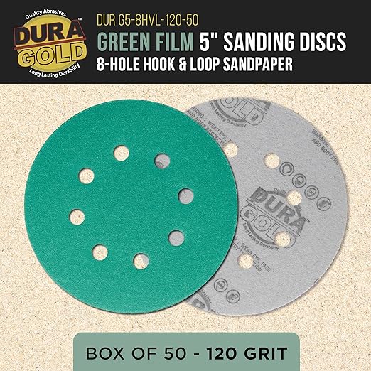 Dura-Gold Premium 120 Grit 5" Green Film Sanding Discs, 8-Hole Pattern, Box of 50 - Dustless Hook & Loop Backing Sandpaper for DA & Random Orbital Sanders, Sand Automotive Paint Woodworking Furniture
