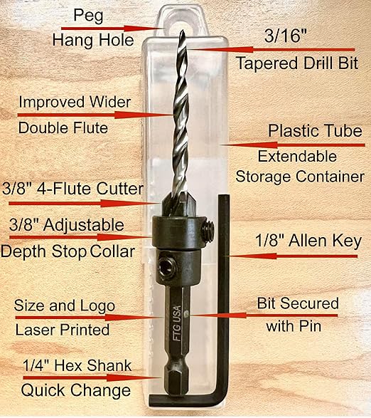 FTG USA Adjustable Wood Countersink Drill Bit #10 (3/16") with Tapered Drill Bit for Woodworking