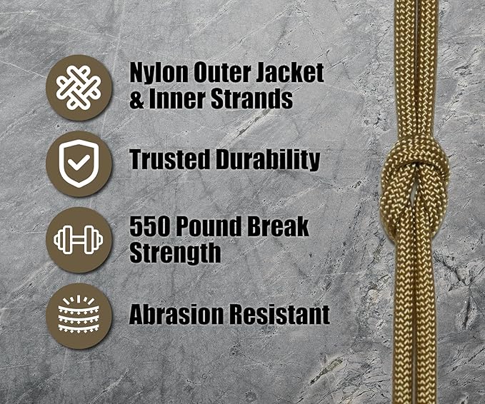 BORED? PARACORD! 550 lb Paracord - Ideal for Crafting, Camping, DIY Projects, Active & Military Outdoors - Strong Survival Rope - Tactical Parachute Cord Type III - Gold 250 Feet