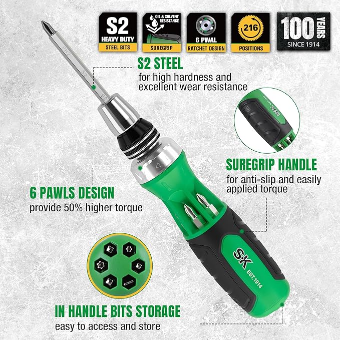 SK 12-in-1 Ratcheting Screwdriver, 216-P, Multi-bit Driver with Quick-Load Mechanism, S2 Steel, with Phillips, Slotted, Star, Square Bits Stored in Handle