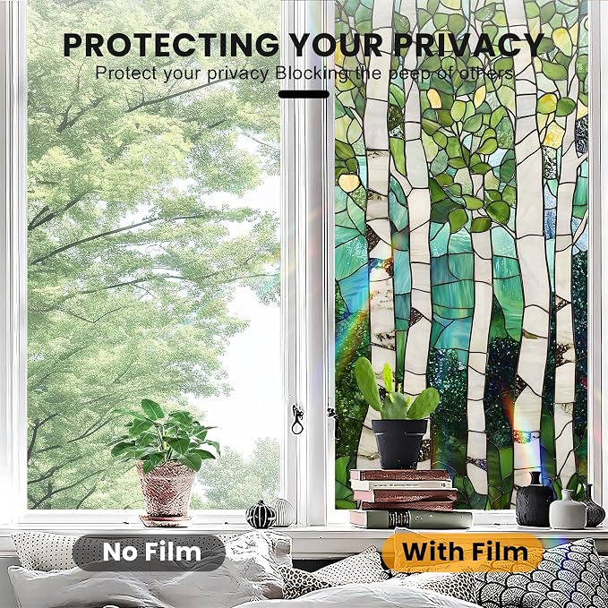 Stained Glass Window Privacy Film: Non-Adhesive Sun and Landscape Mosaic Design - Image 5
