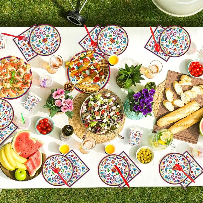 168Pcs Mexican Fiesta Party Decorations, Serves 24 | Mexican Floral Plates and - Image 5
