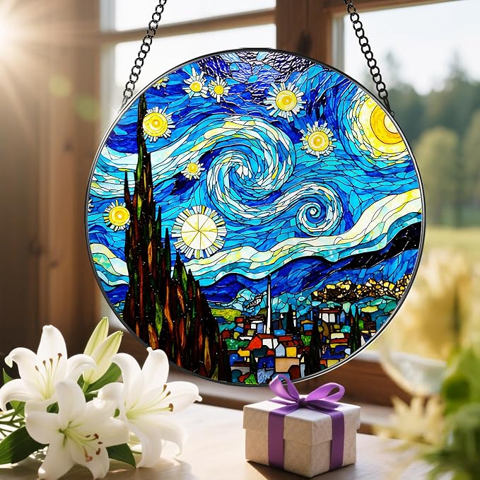 8'' Van Gogh Starry Night Sun Catcher Ornament, Stained Glass Window Hanging - Image 6