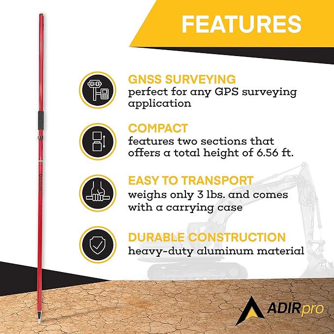 AdirPro Aluminum GPS Rover Rod – 2m 2-Piece Design GPS Pole for Land Surveying & Engineering – RTK GPS/GNSS Accessory – Includes Level Vial & Carrying Case (Red)