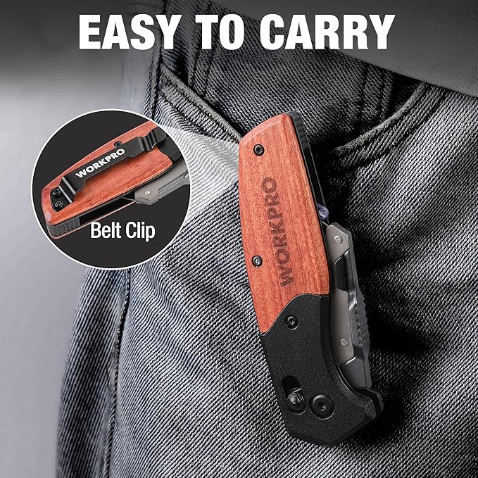 WORKPRO Folding Utility Knife, Razor Blade Knife with Axis Lock, Quick Change Box Cutter, EDC Wood Handle Foldable Pocket Cutter, Extra 10PC SK5 Blades Included