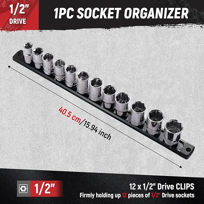 ALOANES Magnetic Socket Organizer, 1/2-Inch Drive Aluminum Socket Holder Socket Tray, Heavy Duty Socket Rail Organizer for Tool Box Drawer, 360°Swivel Clips Socket Rack 1/2-Inch x 12 Clips (Black)