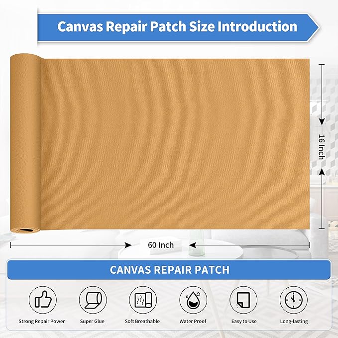 KING MOUNTAIN Canvas Repair Patch 16×60 Inch Self-Adhesive Waterproof Fabric Patch for Sofas, Tents, Furniture,Tote Bags, Car Seats (Light Brown)