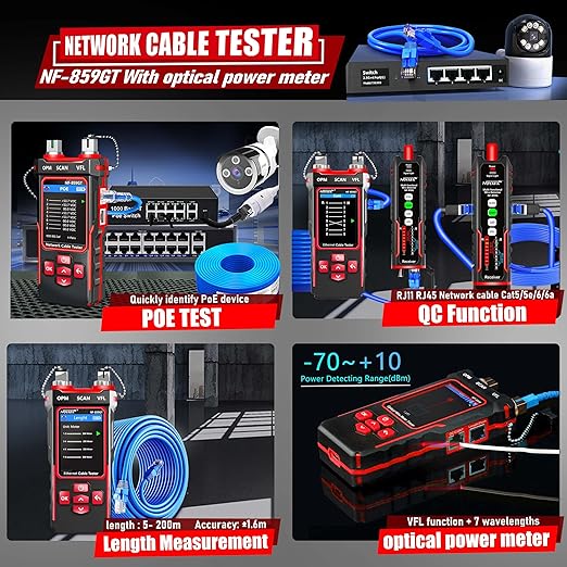 NF-859GT Network Cable Tester with Optical Power Meter10mw DualHead Visual Fault Locator,for POE/RJ45RJ11CAT5 CAT6 CAT3 Tone Probe KitEthemet Wire TracerFiber Tester LAN Network Tools