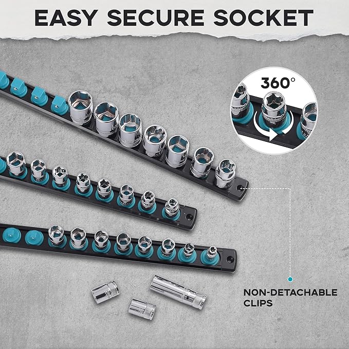 1/2-Inch Drive Magnetic Socket Organizer, Heavy Duty Aluminum Socket Rail Organizer, 360° Swivel Clips Socket Holder Kit for Tool Box, 1/2-Inch Socket Holder x 12 Clips (Aqua Blue)
