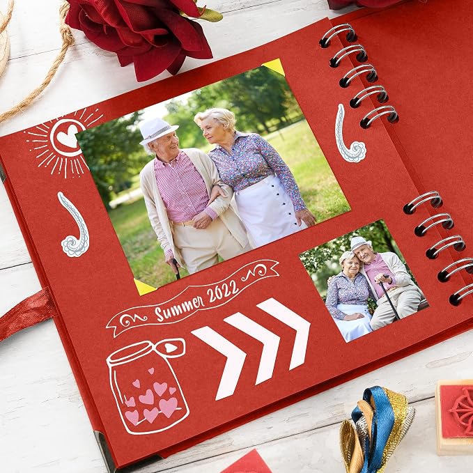 Bstorify Square Scrapbook Photo Albums 7 x 7 Inch Red Thick Paper, Metal Corners - Image 6