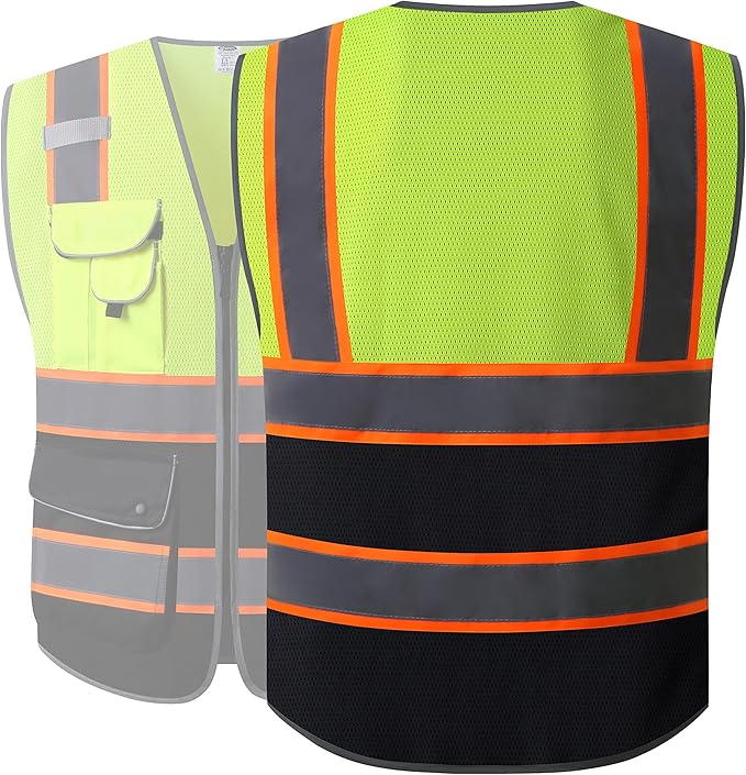JKSafety 9 Pockets Class 2 High Visibility Dual Color Zipper Front MESH Lite Safety Vest | Orange Color Triming Reflective Strip | ANSI/ISEA Standards (100-Yellow-Black, XXL)