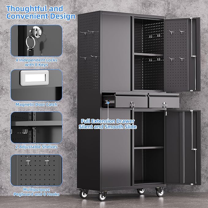 71" H Metal Garage Storage Cabinet with Wheels and Doors,Rolling Tool Cabinet with Pegboard and 2 Lockable Drawer for Garage Warehouse Home,Required Assembly,Black