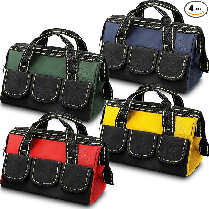 Cunno 4 Pieces Tool Bag with Waterproof Strong Molded Base Multi Pockets Wide Mouth Tool Tote Multifunctional Large Capacity Storage Organizer Heavy Duty(13 Inch,Multicolor)